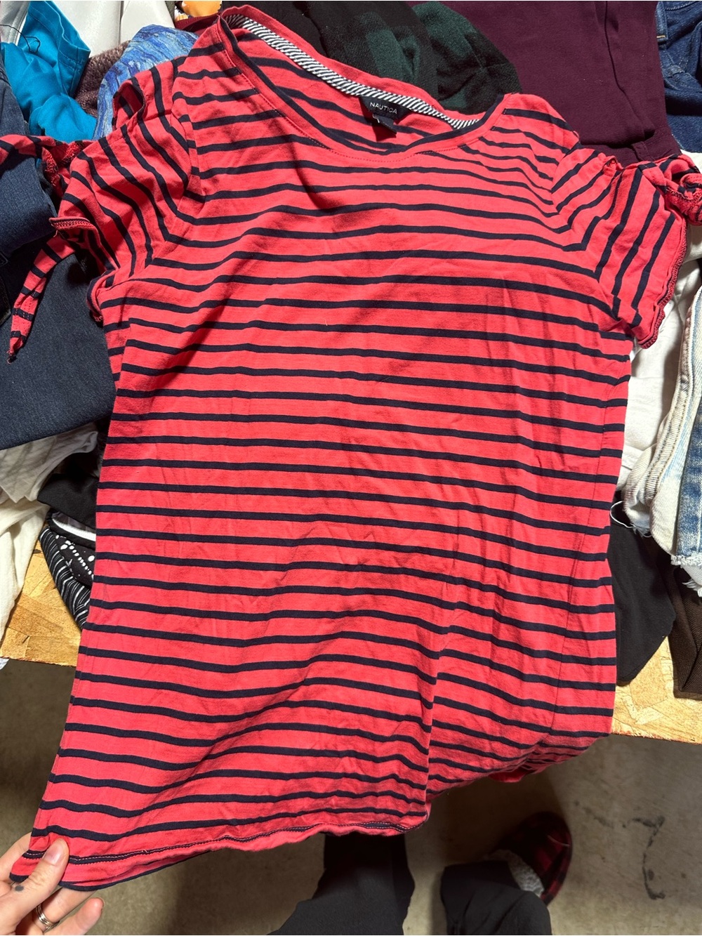 Nautica Red & Navy Striped Short Sleeve Tee with Sleeve Ties
